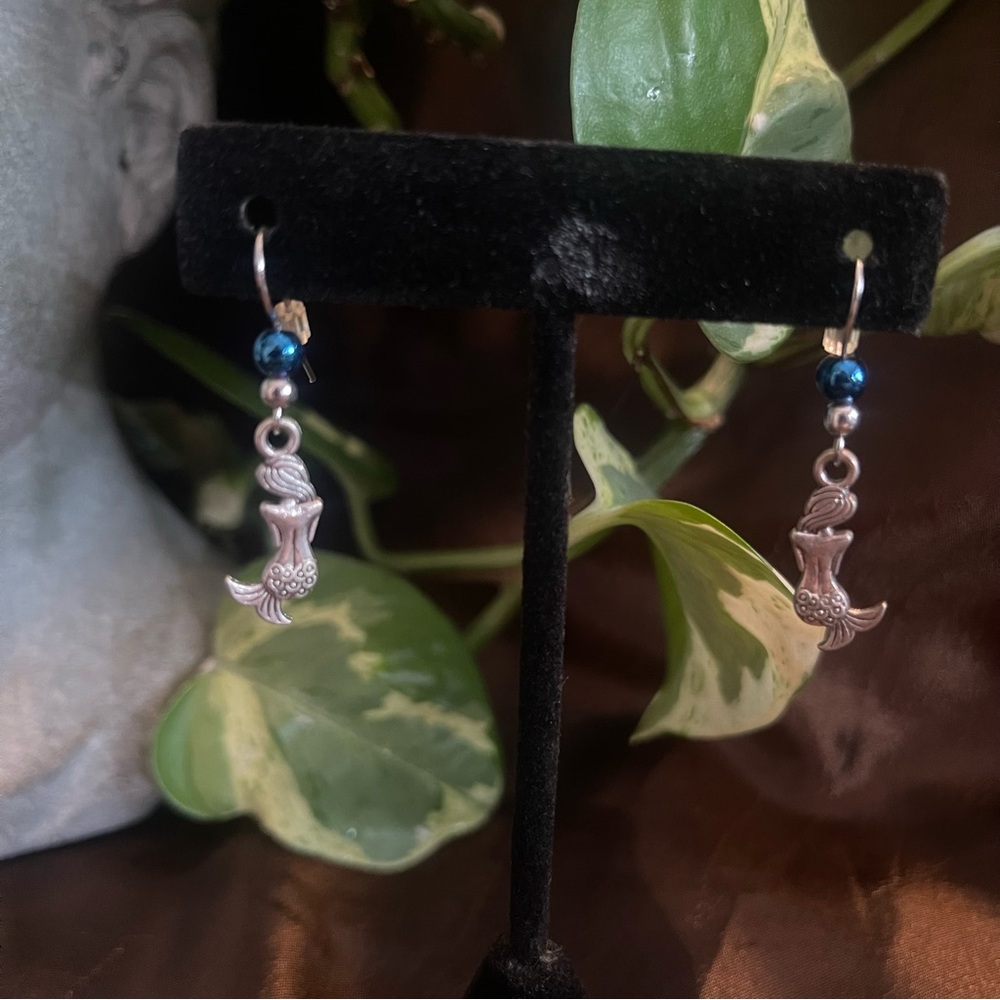 Dainty Silver Mermaid Earrings with Blue Accents